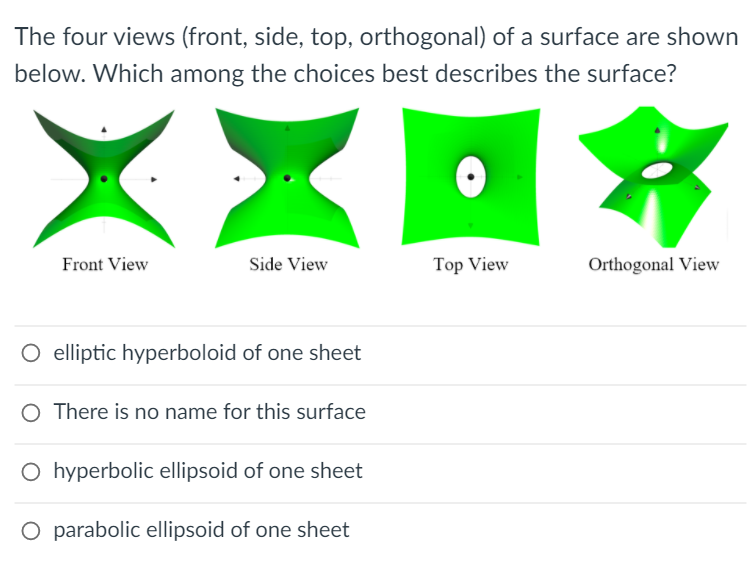 The four views (front, side, top, orthogonal) of a surface are shown
below. Which among the choices best describes the surface?
XX
Front View
Side View
Top View
Orthogonal View
O elliptic hyperboloid of one sheet
O There is no name for this surface
O hyperbolic ellipsoid of one sheet
O parabolic ellipsoid of one sheet

