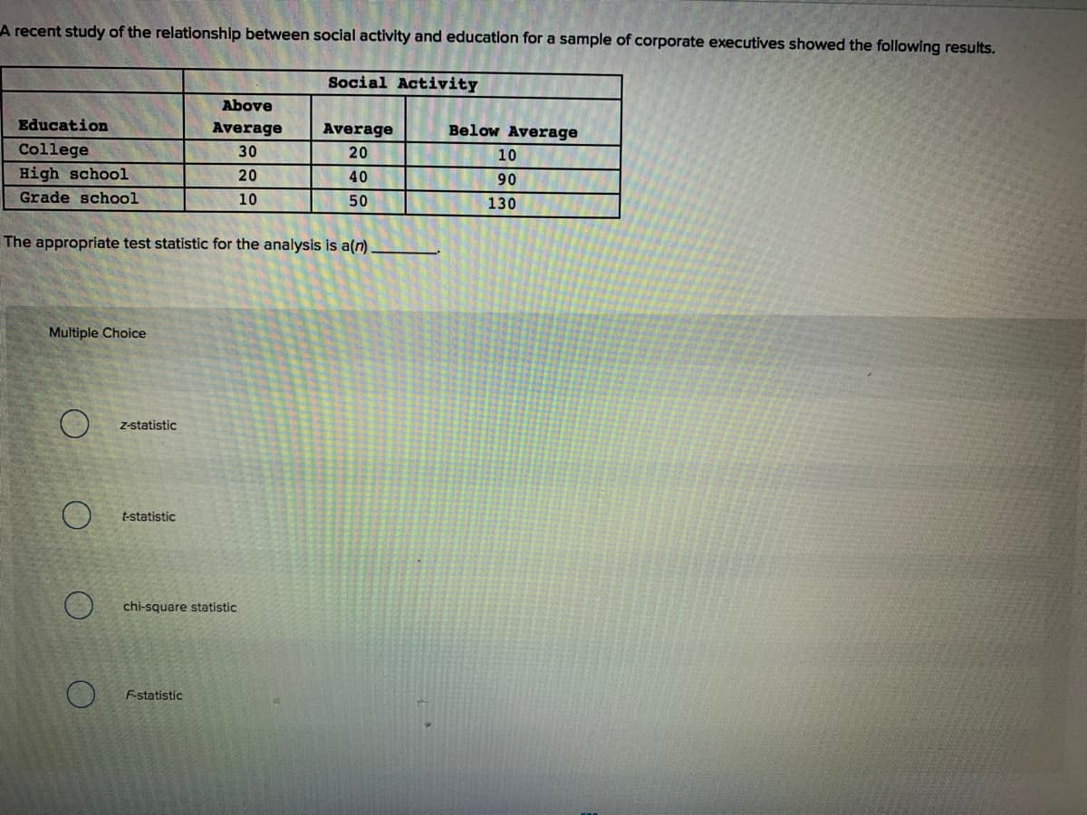 A recent study of the relationship between social activity and education for a sample of corporate executives showed the following results.
Social Activity
Above
Education
Average
Average
Below Average
College
30
20
10
High school
20
40
90
Grade school
10
50
130
The appropriate test statistic for the analysis is a(n)
Multiple Choice
Z-statistic
t-statistic
chi-square statistic
F-statistic
