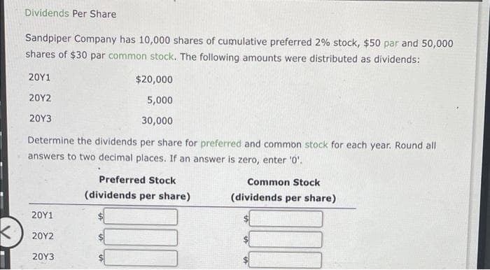 Dividends Per Share
Sandpiper Company has 10,000 shares of cumulative preferred 2% stock, $50 par and 50,000
shares of $30 par common stock. The following amounts were distributed as dividends:
20Υ1
$20,000
20Υ2
5,000
20Υ3
30,000
Determine the dividends per share for preferred and common stock for each year. Round all
answers to two decimal places. If an answer is zero, enter '0'.
Preferred Stock
Common Stock
(dividends per share)
(dividends per share)
20Υ1
20Υ2
20Υ3
%24
