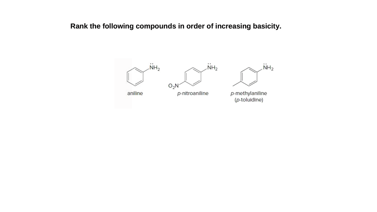 Rank the following compounds in order of increasing basicity.
NH2
NH2
NH2
O,N
p-methylaniline
(p-toluidine)
aniline
p-nitroaniline
