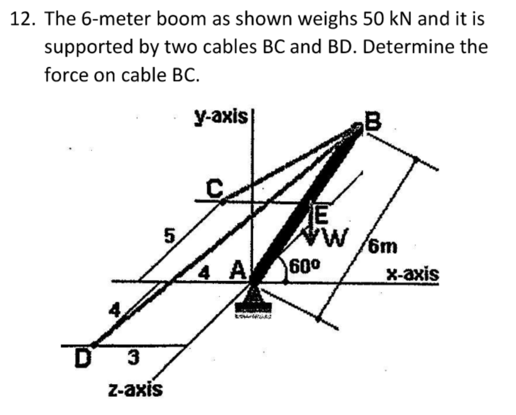 12. The 6-meter boom as shown weighs 50 kN and it is
supported by two cables BC and BD. Determine the
force on cable BC.
у аxis
5,
6m
4 A
600
X-axis
3
z-axis
