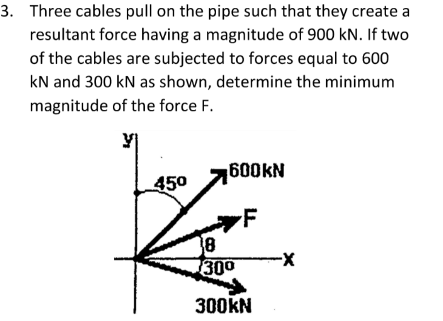 3. Three cables pull on the pipe such that they create a
resultant force having a magnitude of 900 kN. If two
of the cables are subjected to forces equal to 600
kN and 300 kN as shown, determine the minimum
magnitude of the force F.
450 7600KN
F
18
300
-
300KN
