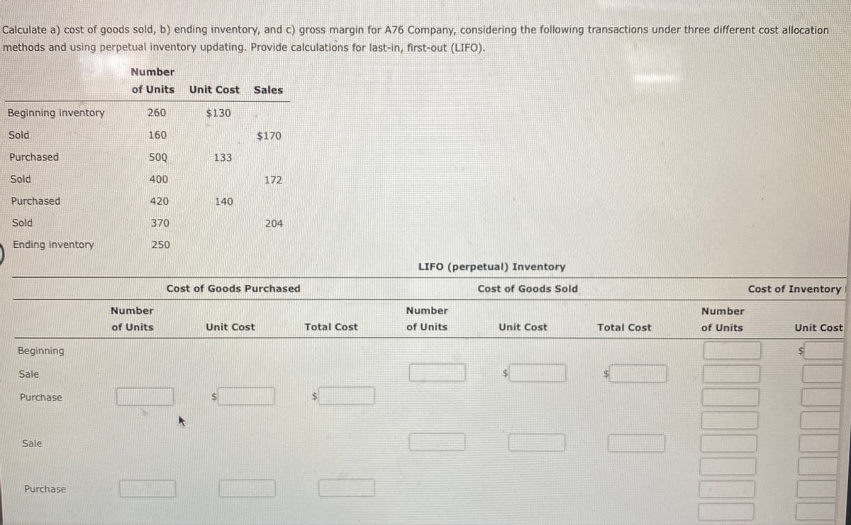 Calculate a) cost of goods sold, b) ending inventory, and c) gross margin for A76 Company, considering the following transactions under three different cost allocation
methods and using perpetual inventory updating. Provide calculations for last-in, first-out (LIFO).
Number
of Units
Unit Cost
Sales
Beginning inventory
260
$130
Sold
160
$170
Purchased
50Q
133
Sold
400
172
Purchased
420
140
Sold
370
204
Ending inventory
250
LIFO (perpetual) Inventory
Cost of Goods Purchased
Cost of Goods Sold
Cost of Inventory
Number
Number
Number
of Units
Unit Cost
Total Cost
of Units
Unit Cost
Total Cost
of Units
Unit Cost
Beginning
Sale
$4
Purchase
Sale
Purchase
%24
%24
