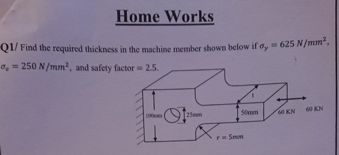 Home Works
Q1/ Find the required thickness in the machine member shown below if oy = 625 N/mm",
%3D
de = 250 N/mm2, and safety factor 2.5.
%3D
%3D
100mm
25mm
50mm
60 KN
60 KN
r = 5mm
