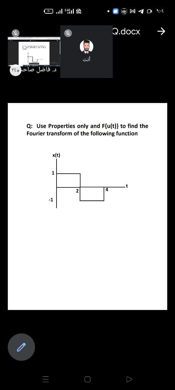 M 1 O 9:€
Q.docx
est
د. فاضل صاح+۲۶(
Q: Use Properties only and F{u(t)} to find the
Fourier transform of the following function
x(t)
1
t
2
-1
