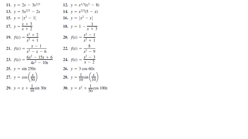 11. у 3 2х — 3х2/В
12. у %3 х!Рx? —8)
13. у — 5x2/5 — 2х
15. y = |x? – 1|
14. y = x2/3(5 – x)
16. у — (x? — х|
x + 3
17. y =
18. y = 1
x2 + 2
19. fx)
x?
20. f(x)
%3D
x + 1
x² +
21. fx)
22. f(x)
x?
- x - 6
x² - 3
6x? – 15x + 6
4x2
23. f(x) =
24. f(x)
10x
25. y =
sin 250x
26. y = 3 cos 60x
27. y = cos
28. y
10sin
10
29. у 3D х
sin 30x
30. у 3 х2 +
cos 100x
