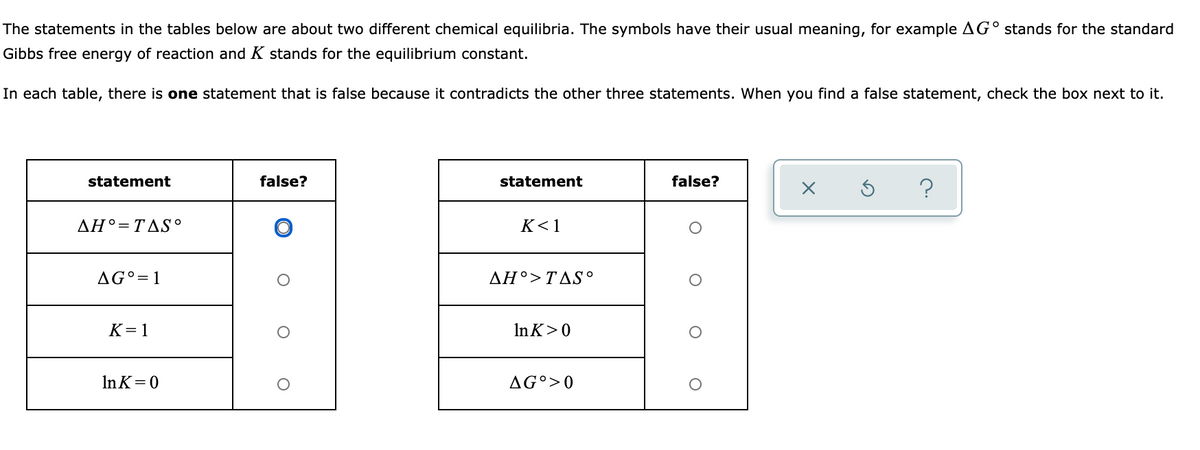 The statements in the tables below are about two different chemical equilibria. The symbols have their usual meaning, for example AG°stands for the standard
Gibbs free energy of reaction and K stands for the equilibrium constant.
In each table, there is one statement that is false because it contradicts the other three statements. When you find a false statement, check the box next to it.
statement
false?
statement
false?
ΔΗΤΔS
K<1
AG°= 1
ΔΗ> ΤΔS .
K=1
In K>0
In K=0
AG°>0
O O
