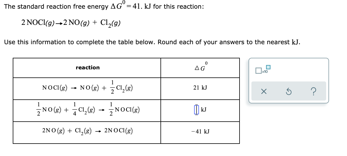 The standard reaction free energy AG = 41. kJ for this reaction:
2 NOCI(g)→2 NO(g) + Cl2(g)
Use this information to complete the table below. Round each of your answers to the nearest kJ.
reaction
AG°
x10
1
NOC(8) → NO (g) + C1,(8)
21 kJ
1
NO (2) + C1,le) →NOCI(g)
kJ
2NO (8) + Cl, (8)
2NOCI(g)
-41 kJ
