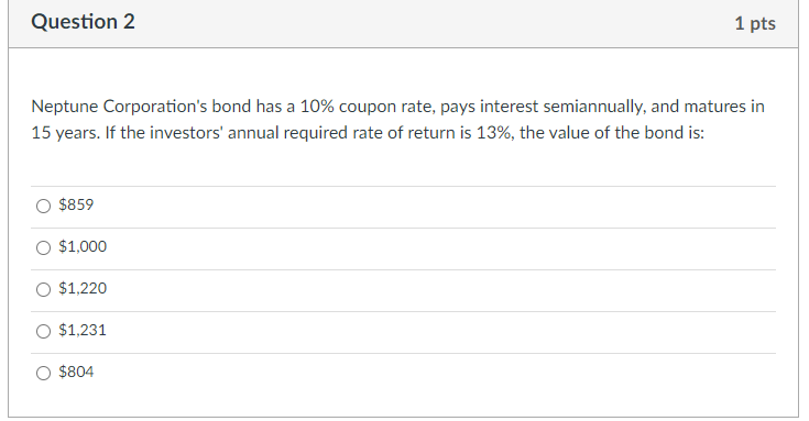 Question 2
1 pts
Neptune Corporation's bond has a 10% coupon rate, pays interest semiannually, and matures in
15 years. If the investors' annual required rate of return is 13%, the value of the bond is:
O $859
O $1,000
O $1,220
O $1,231
$804
