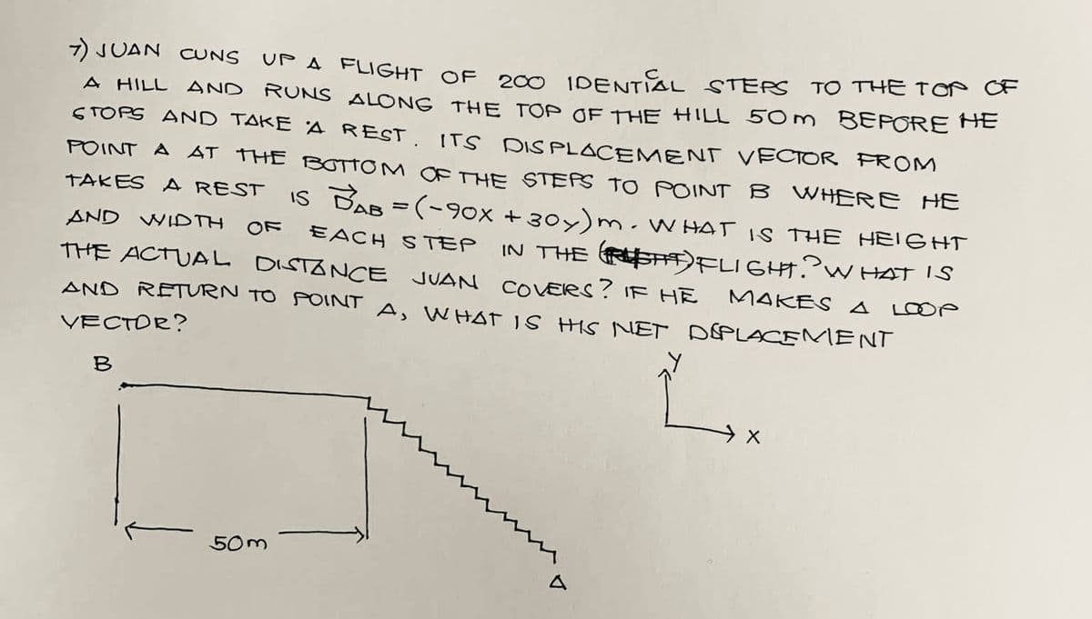 7) JUAN CUNS UP A FLIGHT OF
A HILL AND RUNS ALONG THE TOP OF THE HILL 50m BEFORE HE
200 IDENTIAL STEPS TO THE TOP OF
STOPS AND TAKE A REST. ITS DISPLACEMENT VECTOR FROM
POINT A AT THE BOTTOM OF THE STEPS TO POINT B WHERE HE
IS BAB=(-90x + 30 y)m. WHAT IS THE HEIGHT
THE ACTUAL DISTANCE JUAN COVERS? IF HE
IN THE SA) FLIGHT. WHAT IS
AND RETURN TO POINT A, WHAT IS HIS NET DÉPLACEMENT
MAKES A LOOP
TAKES A REST
AND WIDTH
EACH STEP
VECTOR?
B
50m