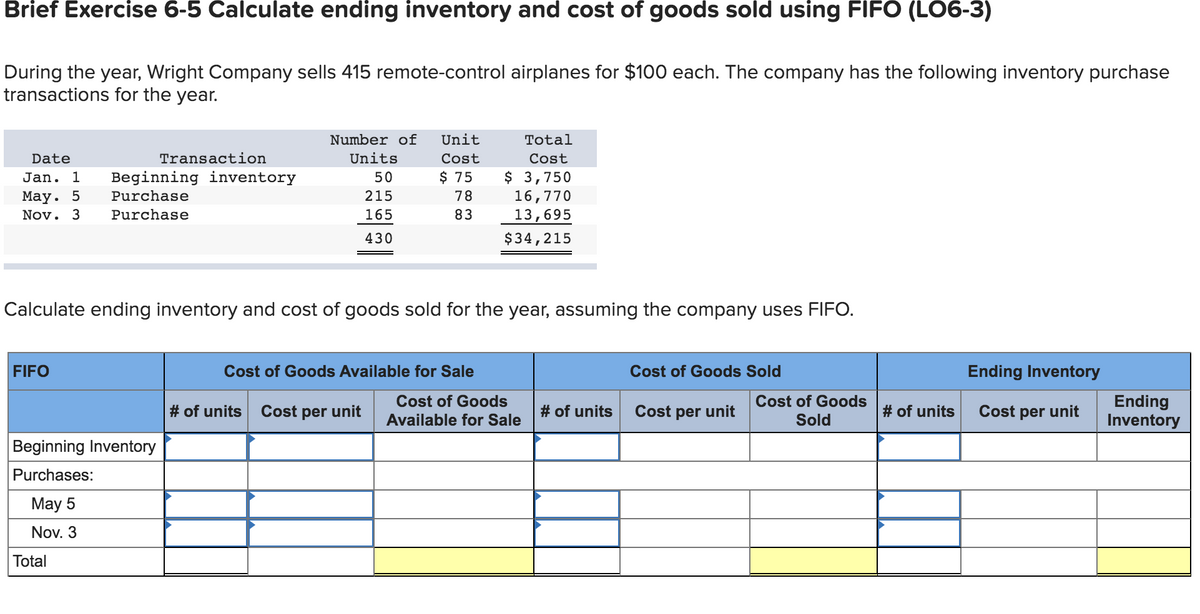 Brief Exercise 6-5 Calculate ending inventory and cost of goods sold using FIFO (LO6-3)
During the year, Wright Company sells 415 remote-control airplanes for $100 each. The company has the following inventory purchase
transactions for the year.
Number of
Unit
Total
Date
Transaction
Units
Cost
Cost
$ 3,750
16,770
13,695
Jan. 1
Beginning inventory
50
$ 75
Purchase
215
78
Маy.
Nov. 3
Purchase
165
83
430
$34,215
Calculate ending inventory and cost of goods sold for the year, assuming the company uses FIFO.
FIFO
Cost of Goods Available for Sale
Cost of Goods Sold
Ending Inventory
Cost of Goods
Cost of Goods
Ending
Inventory
# of units
Cost per unit
# of units
Cost per unit
# of units
Cost per unit
Available for Sale
Sold
Beginning Inventory
Purchases:
May 5
Nov. 3
Total
