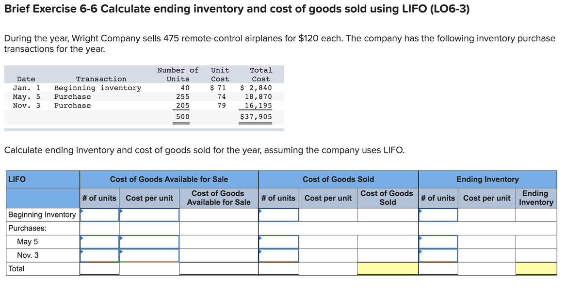 Brief Exercise 6-6 Calculate ending inventory and cost of goods sold using LIFO (LO6-3)
During the year, Wright Company sells 475 remote-control airplanes for $120 each. The company has the following inventory purchase
transactions for the year.
Number of
Unit
Total
Date
Transaction
Units
Cost
Cost
$ 2,840
18,870
Jan. 1
Beginning inventory
40
$ 71
Маy.
5
Purchase
255
74
Nov. 3
Purchase
205
79
16,195
500
$37,905
Calculate ending inventory and cost of goods sold for the year, assuming the company uses LIFO.
LIFO
Cost of Goods Available for Sale
Cost of Goods Sold
Ending Inventory
Ending
Inventory
Cost of Goods
Cost of Goods
# of units
Cost
per unit
# of units
Cost per unit
# of units Cost per unit
Available for Sale
Sold
Beginning Inventory
Purchases:
May 5
Nov. 3
Total
