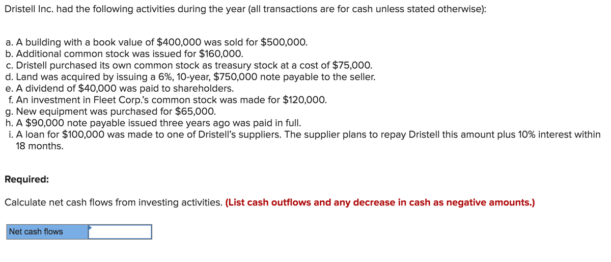Dristell Inc. had the following activities during the year (all transactions are for cash unless stated otherwise):
a. A building with a book value of $400,000 was sold for $500,000.
b. Additional common stock was issued for $160,000.
c. Dristell purchased its own common stock as treasury stock at a cost of $75,000.
d. Land was acquired by issuing a 6%, 10-year, $750,000 note payable to the seller.
e. A dividend of $40,000 was paid to shareholders.
f. An investment in Fleet Corp.'s common stock was made for $120,000.
g. New equipment was purchased for $65,000.
h. A $90,000 note payable issued three years ago was paid in full.
i. A loan for $100,000 was made to one of Dristell's suppliers. The supplier plans to repay Dristell this amount plus 10% interest within
18 months.
Required:
Calculate net cash flows from investing activities. (List cash outflows and any decrease in cash as negative amounts.)
Net cash flows
