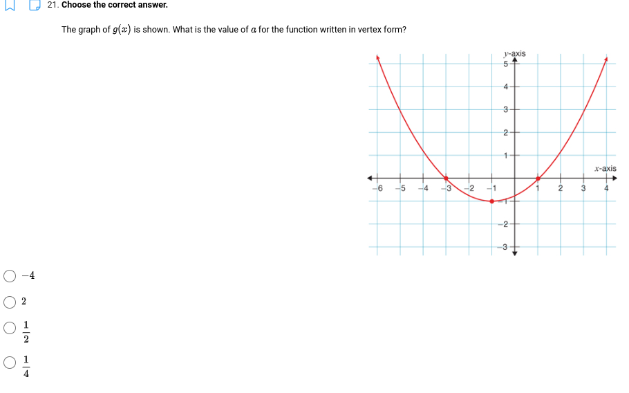 3
O
2
21. Choose the correct answer.
The graph of g(x) is shown. What is the value of a for the function written in vertex form?
-6
-4 -3
-2
1
y-axis
5
4
3
2
1
-2
-3
2
3
x-axis
4
