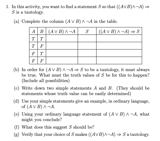 1. In this activity, you want to find a statement S so that ((AVB)A¬A) =
S is a tautology.
(a) Complete the column (A V B) A ¬A in the table.
((AV B) A¬A) =→ S
А В (AV B) л -А
TT
TF
FT
F F
(b) In order for (AV B) A¬A= S to be a tautology, it must always
be true. What must the truth values of S be for this to happen?
(Include all possibilities)
(c) Write down two simple statements A and B. (They should be
statements whose truth value can be easily determined)
(d) Use your simple statements give an example, in ordinary language,
of (AV B) A¬A.
(e) Using your ordinary language statement of (A V B) ^ ¬A, what
might you conclude?
(f) What does this suggest S should be?
(g) Verify that your choice of S makes ((AVB)A¬A) = Sa tautology.
