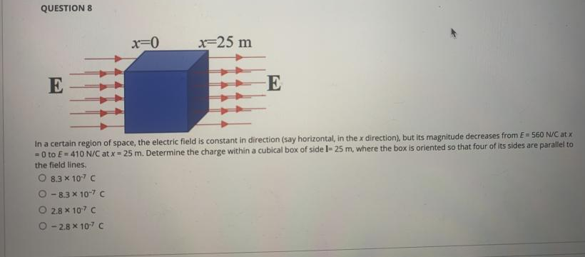 QUESTION 8
x=25 m
E
= 0 to E=410 N/C at x= 25 m. Determine the charge within a cubical box of side l= 25 m, where the box is oriented so that four of its sides are parallel to
the field lines.
In a certain region of space, the electric field is constant in direction (say horizontal, in the x direction), but its magnitude decreases from E = 560 N/C at x
O 8.3 x 107 C
O - 8.3 X 10-7 C
O 2.8 x 107 C
O - 2.8 X 107 C

