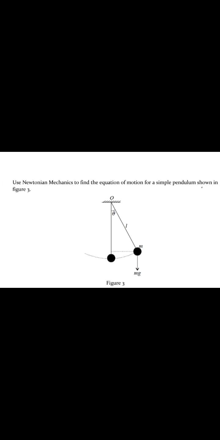 Use Newtonian Mechanics to find the equation of motion for a simple pendulum shown in
figure 3.
mg
Figure 3
