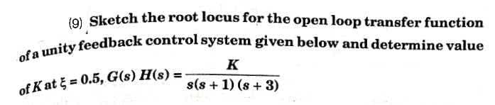 of a unity feedback control system given below and determine value
(9) Sketch the root locus for the open loop transfer function
K
%3!
of K at = 0.5, G(s) H(s) =-
s(s + 1) (s + 3)
