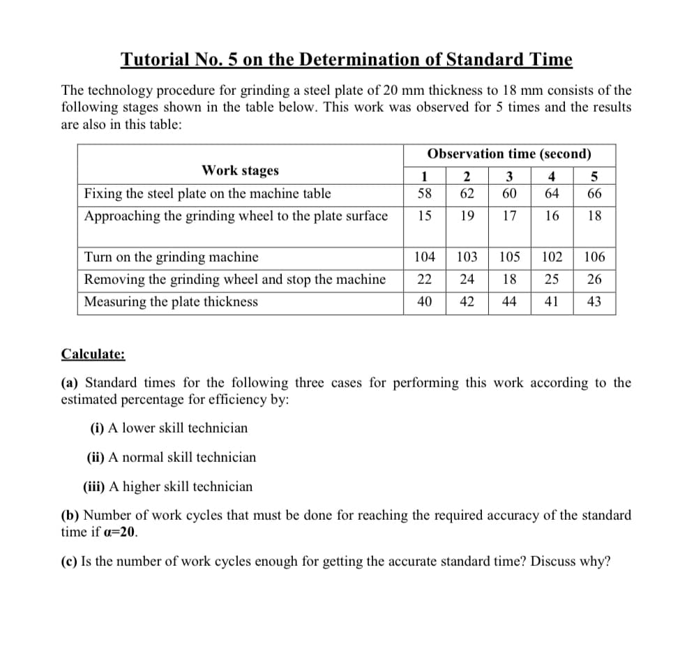 Tutorial No. 5 on the Determination of Standard Time
The technology procedure for grinding a steel plate of 20 mm thickness to 18 mm consists of the
following stages shown in the table below. This work was observed for 5 times and the results
are also in this table:
Observation time (second)
Work stages
1
2
3
4
Fixing the steel plate on the machine table
58
62
60
64
66
Approaching the grinding wheel to the plate surface
15
19
17
16
18
Turn on the grinding machine
104
103
105
102
106
Removing the grinding wheel and stop the machine
22
24
18
25
26
Measuring the plate thickness
40
42
44
41
43
Calculate:
(a) Standard times for the following three cases for performing this work according to the
estimated percentage for efficiency by:
(i) A lower skill technician
(ii) A normal skill technician
(iii) A higher skill technician
(b) Number of work cycles that must be done for reaching the required accuracy of the standard
time if a=20.
(c) Is the number of work cycles enough for getting the accurate standard time? Discuss why?
