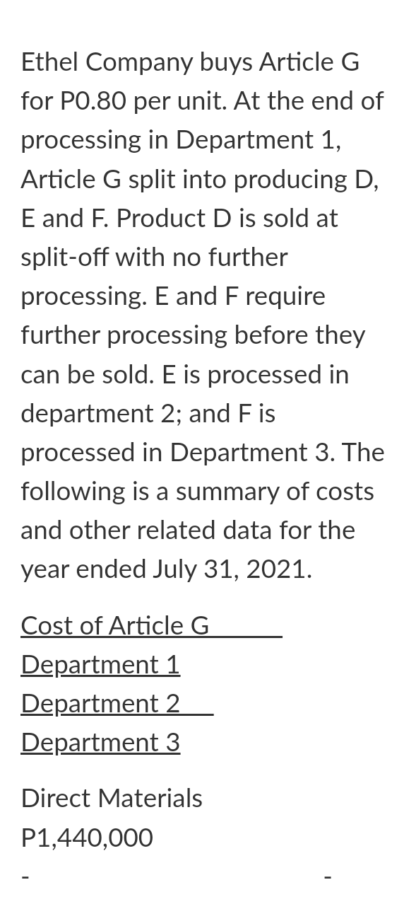 Ethel Company buys Article G
for PO.80 per unit. At the end of
processing in Department 1,
Article G split into producing D,
E and F. Product D is sold at
split-off with no further
processing. E and F require
further processing before they
can be sold. E is processed in
department 2; and F is
processed in Department 3. The
following is a summary of costs
and other related data for the
year ended July 31, 2021.
Cost of Article G
Department 1
Department 2
Department 3
Direct Materials
P1,440,000
