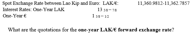 Spot Exchange Rate between Lao Kip and Euro: LAK/€:
13 5/8 – 7/8
1 3/8 – 1/2
11,360.9812-11,362.7857
Interest Rates: One-Year LAK
One-Year €
What are the quotations for the one-year LAK/€ forward exchange rate?
