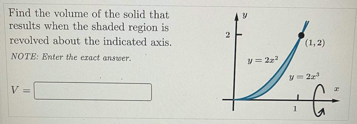 Find the volume of the solid that
results when the shaded region is
2
revolved about the indicated axis.
(1, 2)
NOTE: Enter the exact answer.
y = 2x²
y = 2x³
V :
1
