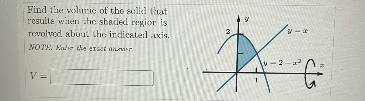Find the volume of the solid that
results when the shaded region is
revolved about the indicated axis.
y = x
NOTE: Enter the exact answer.
y = 2– r?
V =
1
