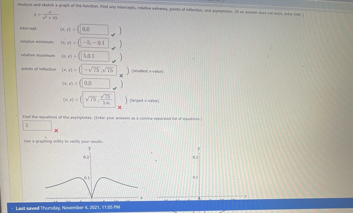 Analyze and sketch a graph of the function. Find any intercepts, relative extrema, points of inflection, and asymptotes. (If an answer does not exist, enter DNE.)
y =
R + 25
intercept
(х, у) -D
0,0
relative minimum
(x, y) =
-5, – 0.1
relative maximum
(x, y) =
5,0.1
points of inflection
(x, y) =
V 75,V 75
(smallest x-value)
(x, y) = (| 0,0
V 75
V 75
(x, y) =
(largest x-value)
loo
Find the equations of the asymptotes. (Enter your answers as a comma-separated list of equations.)
Use a graphing utility to verify your results.
0.2
0.2
0.1
0.1
Last saved Thursday, November 4, 2021, 11:05 PM
