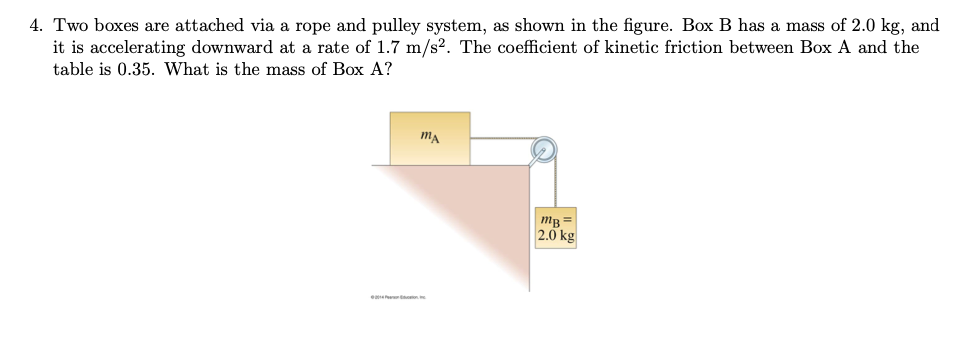 4. Two boxes are attached via a rope and pulley system, as shown in the figure. Box B has a mass of 2.0 kg, and
it is accelerating downward at a rate of 1.7 m/s?. The coefficient of kinetic friction between Box A and the
table is 0.35. What is the mass of Box A?
ma
mg =
2.0 kg
