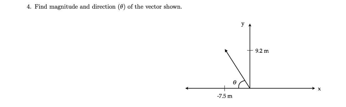 4. Find magnitude and direction (0) of the vector shown.
y
9.2 m
-7.5 m
