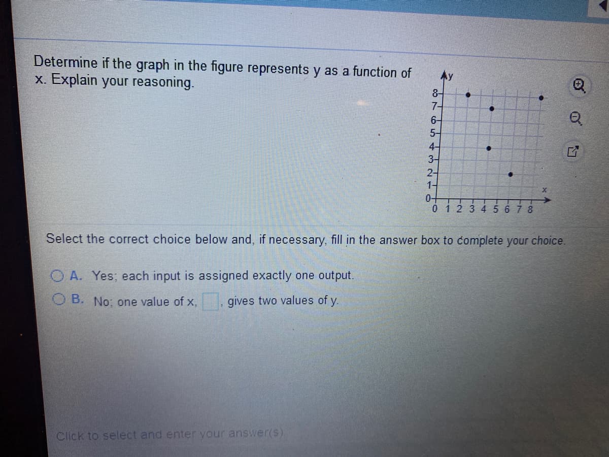 Determine if the graph
x. Explain your reasoning.
the figure represents y as a function of
Ay
8-
7-
6-
5-
4-
3-
2-
1-
0-
1234 5 6 78
Select the correct choice below and, if necessary, fill in the answer box to complete your choice
O A. Yes; each input is assigned exactly one output.
B. No; one value of x,, gives two values of y.
