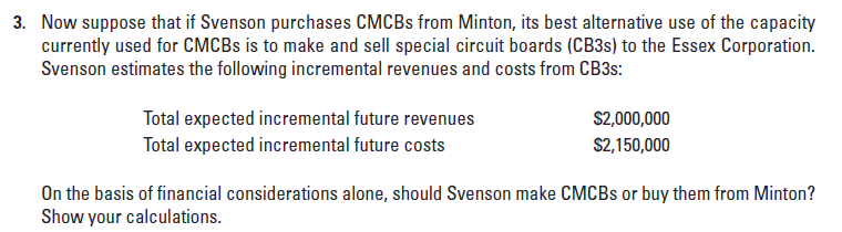 3. Now suppose that if Svenson purchases CMCBS from Minton, its best alternative use of the capacity
currently used for CMCBS is to make and sell special circuit boards (CB3S) to the Essex Corporation.
Svenson estimates the following incremental revenues and costs from CB3S:
Total expected incremental future revenues
Total expected incremental future costs
$2,000,000
$2,150,000
On the basis of financial considerations alone, should Svenson make CMCBS or buy them from Minton?
Show your calculations.
