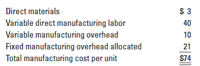 $ 3
Direct materials
Variable direct manufacturing labor
Variable manufacturing overhead
40
10
Fixed manufacturing overhead allocated
Total manufacturing cost per unit
21
$74
%24
