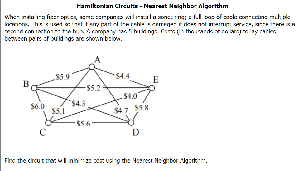Hamiltonian Circuits - Nearest Neighbor Algorithm
When installing fiber optics, some companies will install a sonet ring; a full loop of cable connecting multiple
locations. This is used so that if any part of the cable is damaged it does not interrupt service, since there is a
second connection to the hub. A company has 5 buildings. Costs (in thousands of dollars) to lay cables
between pairs of buildings are shown below.
$5.9
$4.4
B
E
-$5.2
$4.3
$4.0
$6.0
$5.1
$5.6
D
Find the circuit that will minimize cost using the Nearest Neighbor Algorithm.
$4.7
$5.8