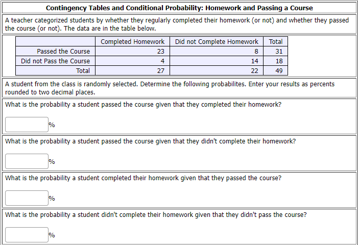 Contingency Tables and Conditional Probability: Homework and Passing a Course
A teacher categorized students by whether they regularly completed their homework (or not) and whether they passed
the course (or not). The data are in the table below.
Completed Homework Did not Complete Homework
Total
Passed the Course
23
8
31
Did not Pass the Course
4
14
18
Total
27
22
49
A student from the class is randomly selected. Determine the following probabilites. Enter your results as percents
rounded to two decimal places.
What is the probability a student passed the course given that they completed their homework?
%
What is the probability a student passed the course given that they didn't complete their homework?
%
What is the probability a student completed their homework given that they passed the course?
%
What is the probability a student didn't complete their homework given that they didn't pass the course?
%
