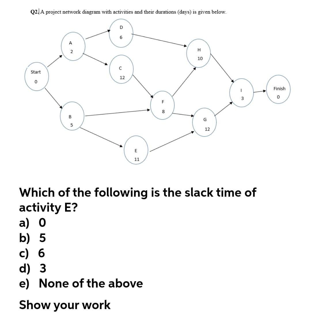 Q2, A project network diagram with activities and their durations (days) is given below.
D
6
A
H
10
Start
12
Finish
3
8
B
G
5
12
E
11
Which of the following is the slack time of
activity E?
а) о
b) 5
c) 6
d) 3
e) None of the above
Show your work
