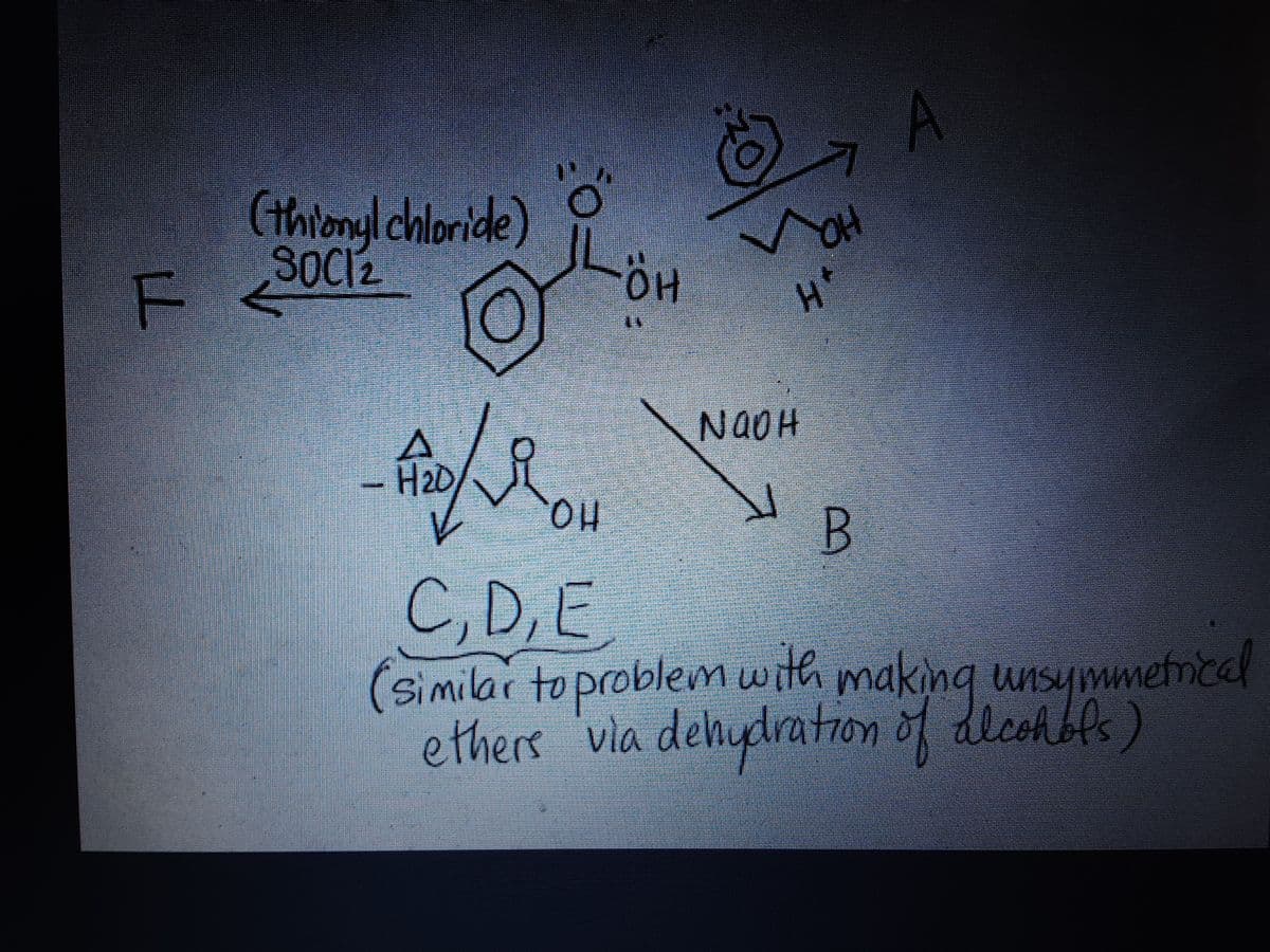 A
(thiongl chloride)
3OCI2
HO
H+
NAOH
H20
OH
C,D,E
(similar to problem with making
ethers
vla dehydratonof dlcohbls)
B.
