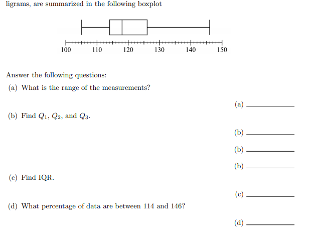 ligrams, are summarized in the following boxplot
100
110
120
130
140
150
Answer the following questions:
(a) What is the range of the measurements?
(a)
(b) Find Q1, Q2, and Q3.
(b)
(b)
(b)
(c) Find IQR.
(c)
(d) What percentage of data are between 114 and 146?
(d).
