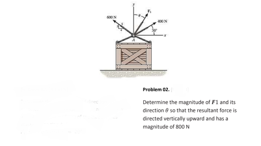 600 N
400 N
30
Problem 02.
direc
Determine the magnitude of F1 and its
direction 0 so that the resultant force is
directed vertically upward and has a
magnitude of 800 N
