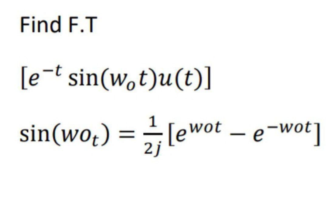 Find F.T
[e-t sin(wot)u(t)]
sin(wo) == [ewo
2j
[ewot - e-wot]