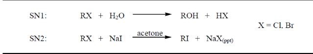 SN1:
SN2:
RX + HO
RX + NAI
acetone
ROH + HX
RI + NaX(ppt)
X = Cl, Br