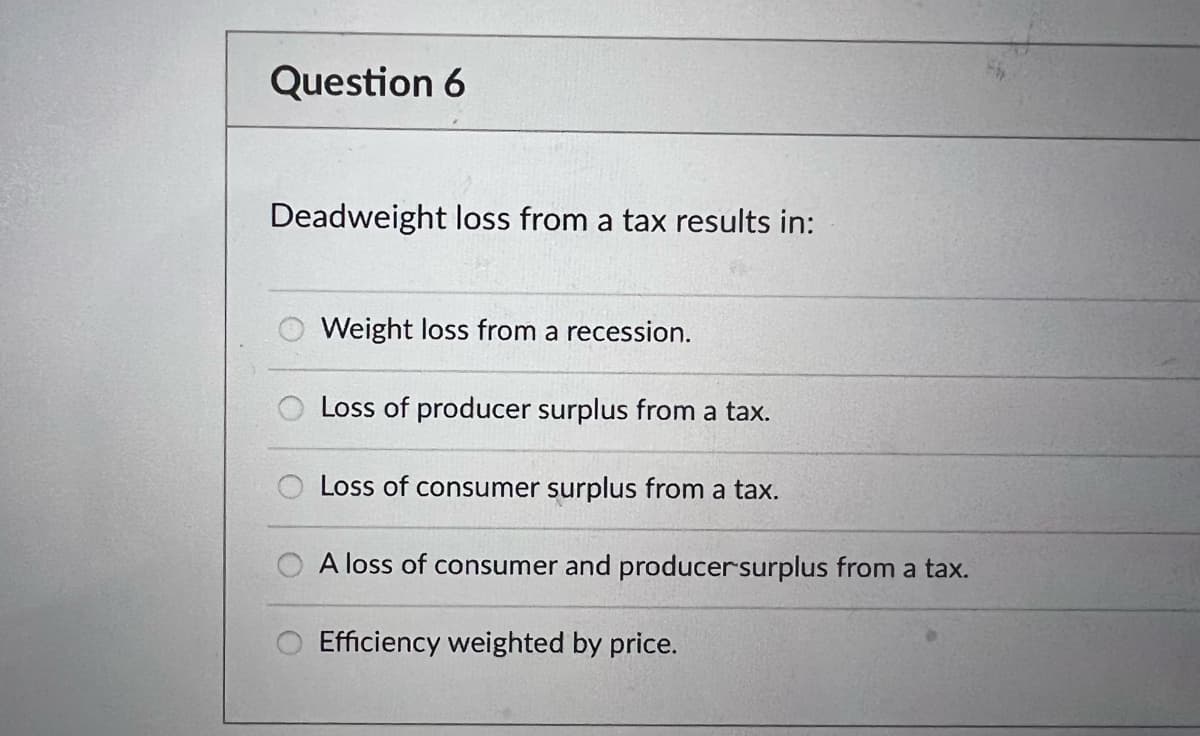 Question 6
Deadweight loss from a tax results in:
Weight loss from a recession.
Loss of producer surplus from a tax.
Loss of consumer surplus from a tax.
A loss of consumer and producersurplus from a tax.
Efficiency weighted by price.
