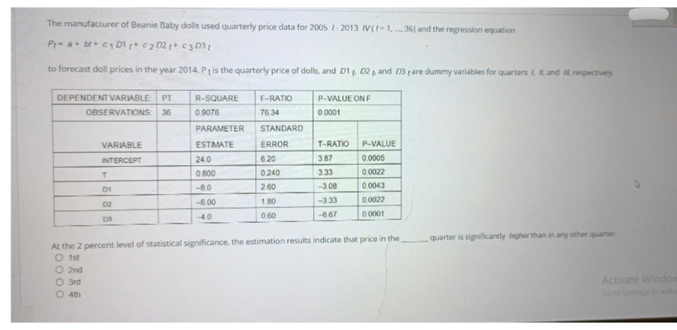 The manufacturer of Beanie Baby dolls used quarterly price data for 2005 /-2013 /V(-1,..., 36) and the regression equation
Pta+ bt+c₁ D1 + c2 021+ c3 D3 t
to forecast doll prices in the year 2014. Pt is the quarterly price of dolls, and D1, D2, and D3 are dummy variables for quarters I, I, and II, respectively.
DEPENDENT VARIABLE: PT
OBSERVATIONS:
R-SQUARE
0.9078
P-VALUE ON F
0.0001
36
PARAMETER
F-RATIO
76.34
STANDARD
ERROR
6.20
VARIABLE
ESTIMATE
P-VALUE
T-RATIO
3.87
INTERCEPT
24.0
0.0005
T
0.800
0.240
3.33
0.0022
-8.0
D1
2.60
-3.08
0.0043
-6.00
1.80
-3.33
D2
0.0022
0.60
-40
-6.67
D3
0.0001
quarter is significantly higher than in any other quarter.
At the 2 percent level of statistical significance, the estimation results indicate that price in the
O 1st
O 2nd
O 3rd
O 4th
Activate Window
Go to Settings to activa