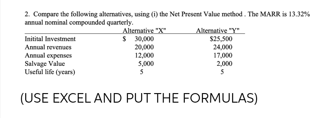 2. Compare the following alternatives, using (i) the Net Present Value method. The MARR is 13.32%
annual nominal compounded quarterly.
Alternative "X"
Alternative "Y"
Initital Investment
$
30,000
$25,500
Annual revenues
20,000
24,000
12,000
17,000
Annual expenses
Salvage Value
Useful life (years)
5,000
2,000
5
5
(USE EXCEL AND PUT THE FORMULAS)