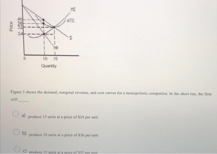 MC
ATC
MR
10 15
Quantity
Figure 5 shows the demand, marginal revenue, and cost curves for a monopolistic competitor. In the short run, the firm
will
a)
produce 15 units at a price of $24 per unit.
b)
produce 10 units at a price of $36 per unit.
U C) produce 15 units at a price of S32 ner unit
Price
