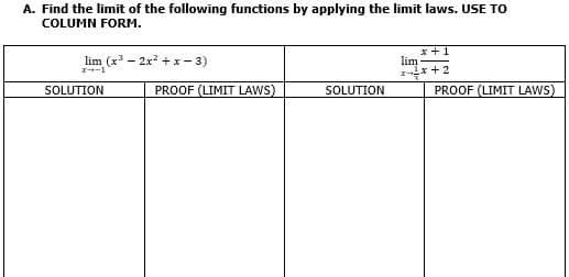 A. Find the limit of the following functions by applying the limit laws. USE TO
COLUMN FORM.
lim (x - 2x? +x - 3)
x +1
lim
エコー1
SOLUTION
PROOF (LIMIT LAWS)
SOLUTION
PROOF (LIMIT LAWS)
