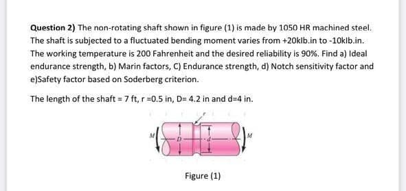 Question 2) The non-rotating shaft shown in figure (1) is made by 1050 HR machined steel.
The shaft is subjected to a fluctuated bending moment varies from +20klb.in to -10klb.in.
The working temperature is 200 Fahrenheit and the desired reliability is 90%. Find a) Ideal
endurance strength, b) Marin factors, C) Endurance strength, d) Notch sensitivity factor and
e)Safety factor based on Soderberg criterion.
The length of the shaft = 7 ft, r =0.5 in, D= 4.2 in and d=4 in.
Figure (1)
