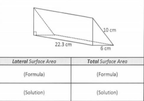 10 cm
22.3 cm
6 cm
Lateral Surface Area
Total Surface Area
(Formula)
(Formula)
(Solution)
(Solution)
