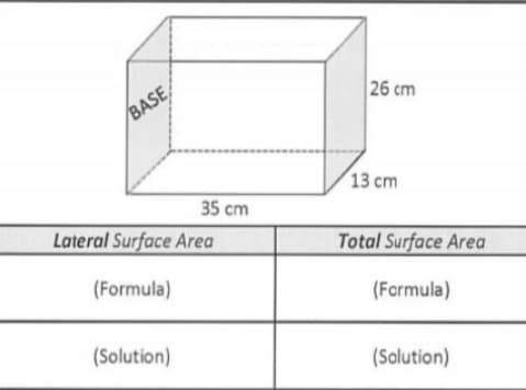 26 cm
BASE,
13 сm
35 cm
Lateral Surface Area
Total Surface Area
(Formula)
(Formula)
(Solution)
(Solution)
