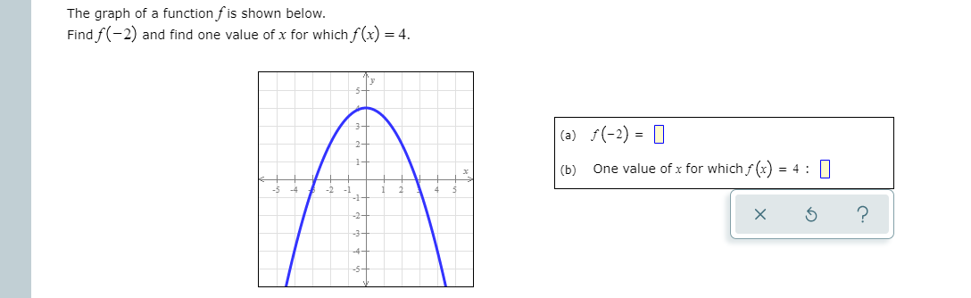 The graph of a function f is shown below.
Find f(-2) and find one value of x for which f(x) = 4.
(a) f(-2) = 0
(b)
One value of x for which f (x) = 4: |
